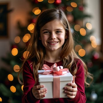 Joyful young girl holding a white gift box with pink ribbon, smiling brightly against a background of Christmas tree lights, capturing the magic of the holiday season.