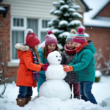 Four happy children in colorful winter attire work together to build a snowman in a snowy front yard, with a Christmas tree visible through house windows.