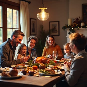 Cheerful multi-generational family gathered around a festive table with roast turkey, enjoying a warm Thanksgiving dinner in a cozy home setting.
