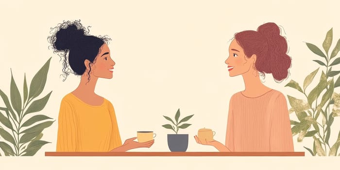 modern tea garden talking women, simple illustration style. AI generative.