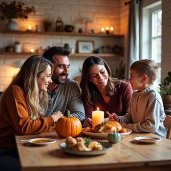 Cheerful family gathered around a festive table with roast turkey, pumpkin, and candles, celebrating Thanksgiving in a cozy home setting with warm lighting.