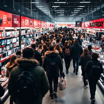 Packed aisles of electronics store with customers browsing deals during Black Friday sale, surrounded by red banners and discount signs in modern retail environment.