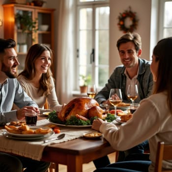 Cheerful group of friends gathered around a table with a golden roast turkey, sharing wine and laughter during a cozy Thanksgiving celebration at home.