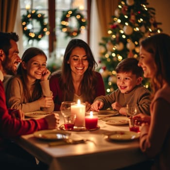 Happy family enjoying Christmas dinner with lit candles, decorated tree, and festive wreaths in background, capturing the warmth and joy of holiday togetherness.