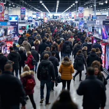 Massive crowd of shoppers browsing electronics and TVs in busy retail store during Black Friday sale, showcasing consumer culture and holiday shopping frenzy.