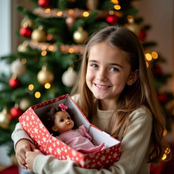 Smiling young girl holding a red gift box with a doll, sitting in front of a decorated Christmas tree with twinkling lights and ornaments.