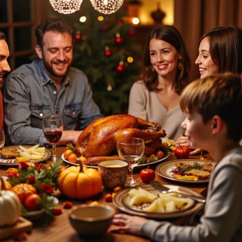 Happy multi-generational family gathered around table with roasted turkey and traditional dishes, celebrating Thanksgiving in festive home setting with Christmas tree.