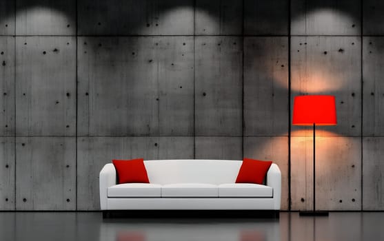 A stylish living room with a white sofa and red pillows, complemented by a red floor lamp against a concrete wall.