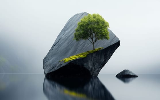 A lone tree growing on a massive rock surrounded by calm reflective waters, symbolizing resilience.
