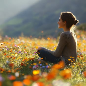 A positive, smiling girl sitting on a sunlit meadow . AI generative.