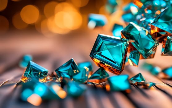 Radiant blue gemstones floating against a warm bokeh background, showcasing elegance and sparkle.