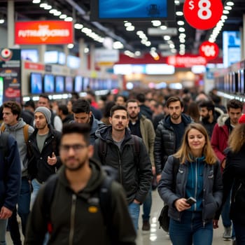 Bustling electronics store filled with shoppers browsing displays and deals, capturing the excitement and consumer frenzy of Black Friday sales.