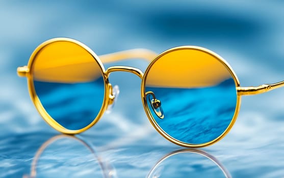 Stylish round sunglasses with gold frames and vibrant yellow and blue reflective lenses.