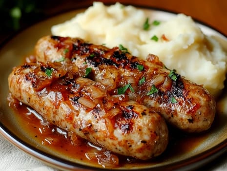 Traditional Polish dish, potatoes with baked kielbasa and onion sauce. AI generative.