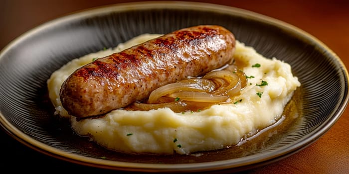 Traditional Polish dish, potatoes with baked kielbasa and onion sauce. AI generative.