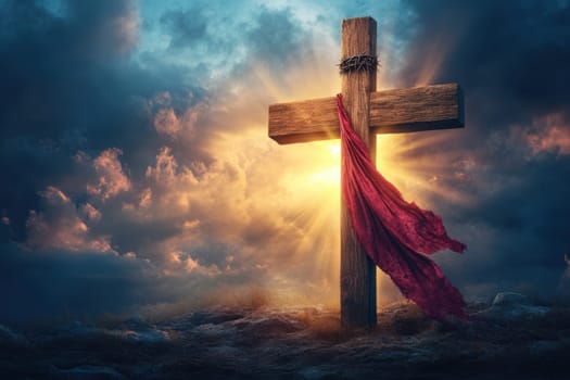 Wooden cross with crown of thorns. AI generative.
