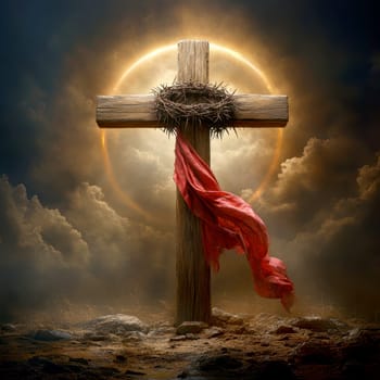 Wooden cross with crown of thorns. AI generative.