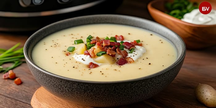 a creamy potato soup served in a large bowl. AI generative.