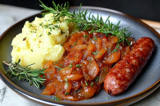 Traditional Polish dish, potatoes with baked kielbasa and onion sauce. AI generative.