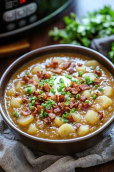 a creamy potato soup served in a large bowl. AI generative.