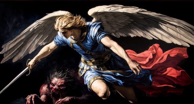 Archangel Michael in blue and red colors, with a sword drawn over a demon lying on a black background. AI generative.