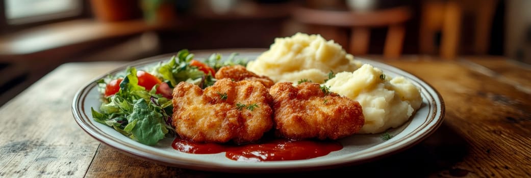 delicious homemade schnitzel on a plate, surrounded by fresh salad and a side of mashed potatoes. AI generative.