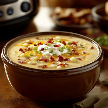 a creamy potato soup served in a large bowl. AI generative.