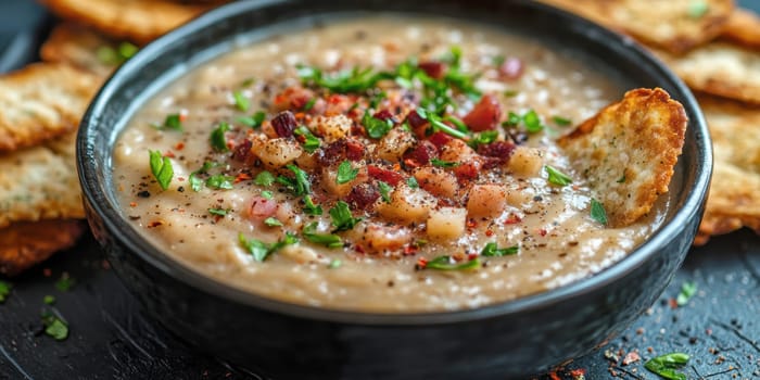 a creamy potato soup served in a large bowl. AI generative.