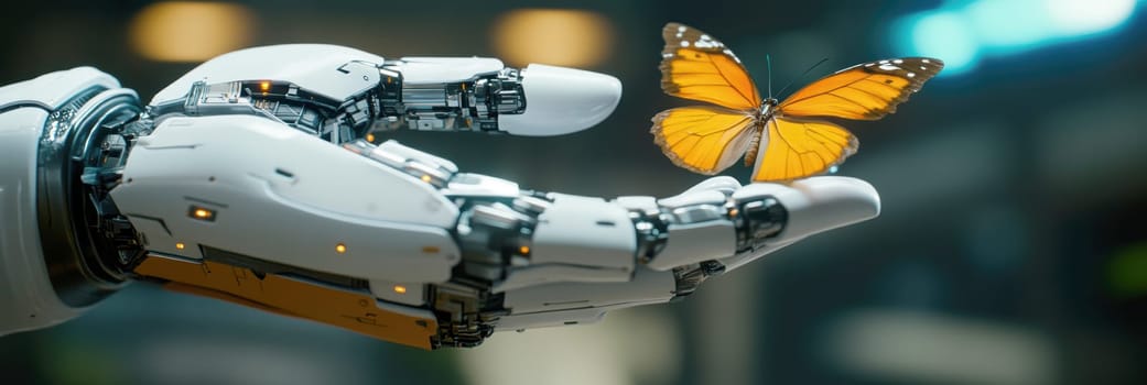 robot with butterfly resting on its finger. AI generative.