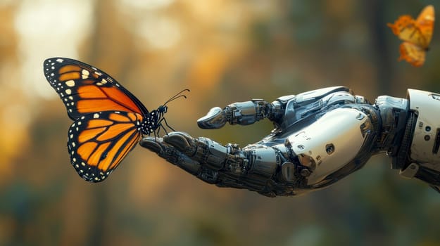 robot with butterfly resting on its finger. AI generative.