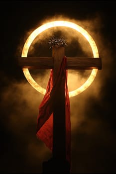Wooden cross with crown of thorns. AI generative.