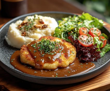 delicious homemade schnitzel on a plate, surrounded by fresh salad and a side of mashed potatoes. AI generative.