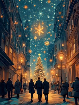 city on New Year's Eve, Christmas tree in the middle AI generative.