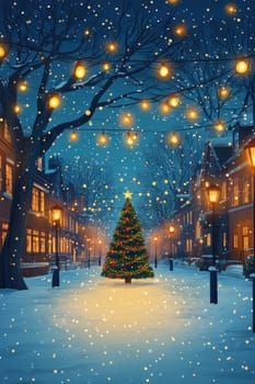 city on New Year's Eve, Christmas tree in the middle AI generative.