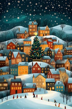 city on New Year's Eve, Christmas tree in the middle AI generative.