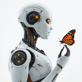 robot with butterfly resting on its finger. AI generative.