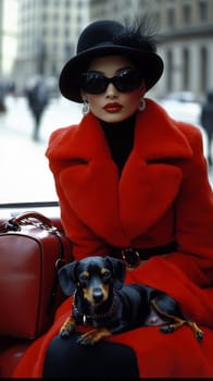 An elegant woman in the back seat of a luxury car, with  dachshund. AI generative.