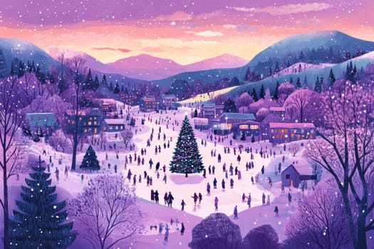 city on New Year's Eve, Christmas tree in the middle AI generative.