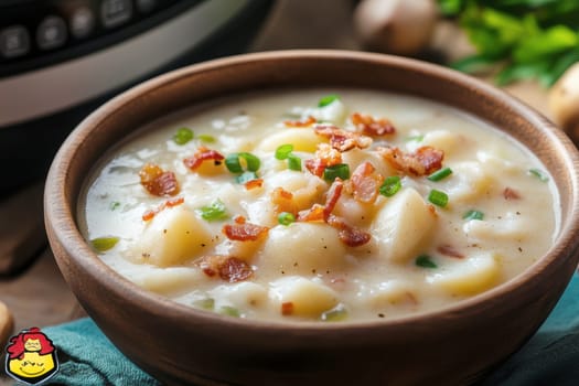a creamy potato soup served in a large bowl. AI generative.