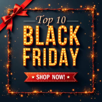 Glowing 'Top 10 Black Friday' text surrounded by sparkling lights and red ribbon on dark background, promoting holiday shopping with 'Shop Now!' call to action.