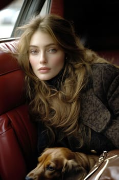 An elegant woman in the back seat of a luxury car, with  dachshund. AI generative.