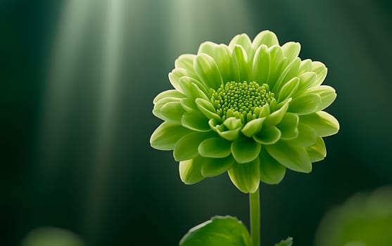 A vibrant green chrysanthemum flower is highlighted under soft, natural light, showcasing its intricate beauty.