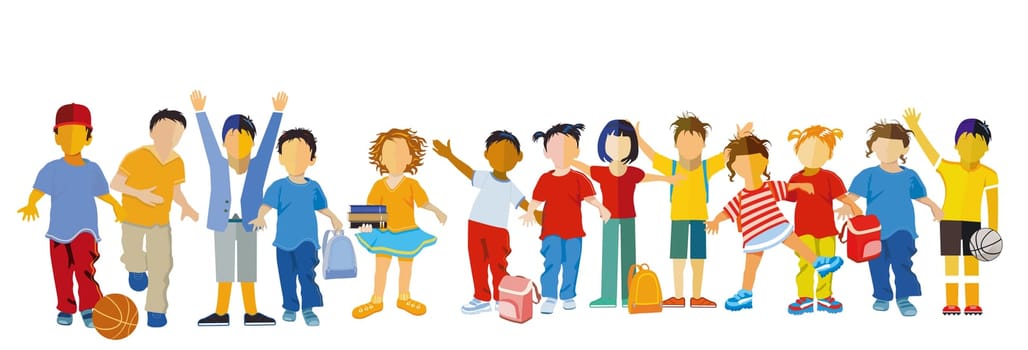 A large group of children having fun together, isolated illustration