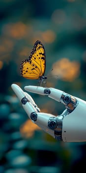robot with butterfly resting on its finger. AI generative.