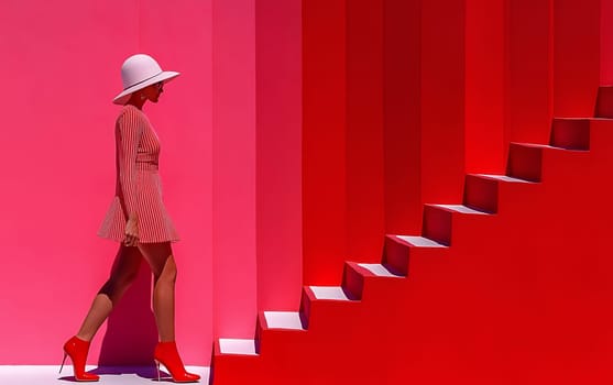 A fashionable woman in a striking pink outfit walking along a bold red staircase under bright light.