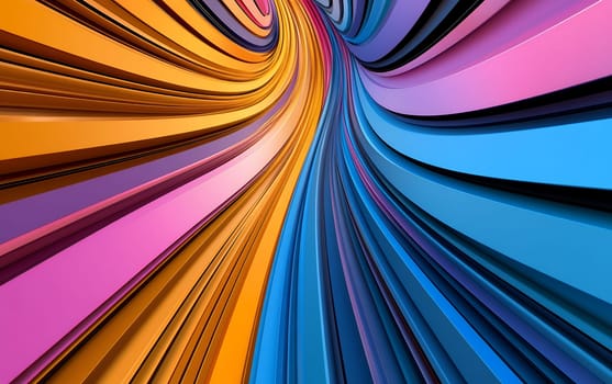 Dynamic multicolored swirling abstract background with vibrant pink, orange, and blue curved lines creating tunnel effect.