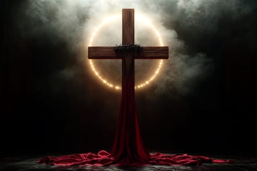 Wooden cross with crown of thorns. AI generative.