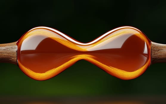 A glowing amber infinity shape held between two wooden sticks, symbolizing eternity, creativity, and beauty.