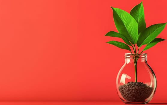 A green plant growing in a glass jar filled with soil, symbolizing growth, sustainability, and eco friendly living.