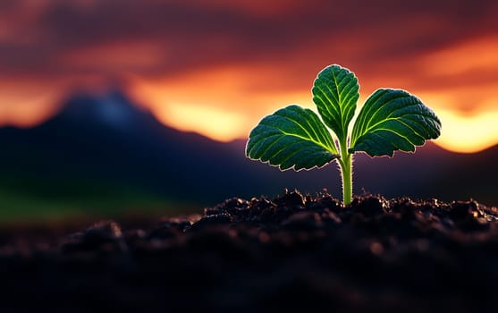 A sprout emerging from soil against a stunning sunset with mountains in the background, symbolizing hope and new beginnings.